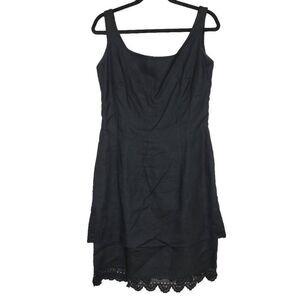 Vintage Geary Roark Black Linen Sheath Dress Sz 14 M/L Sleeveless Crochet Classy